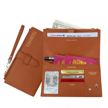 RFID 보호 기능을 갖춘 캐러멜 브라운 여행용 지갑