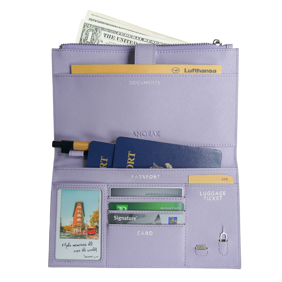 RFID 보호 기능을 갖춘 라벤더 여행용 지갑