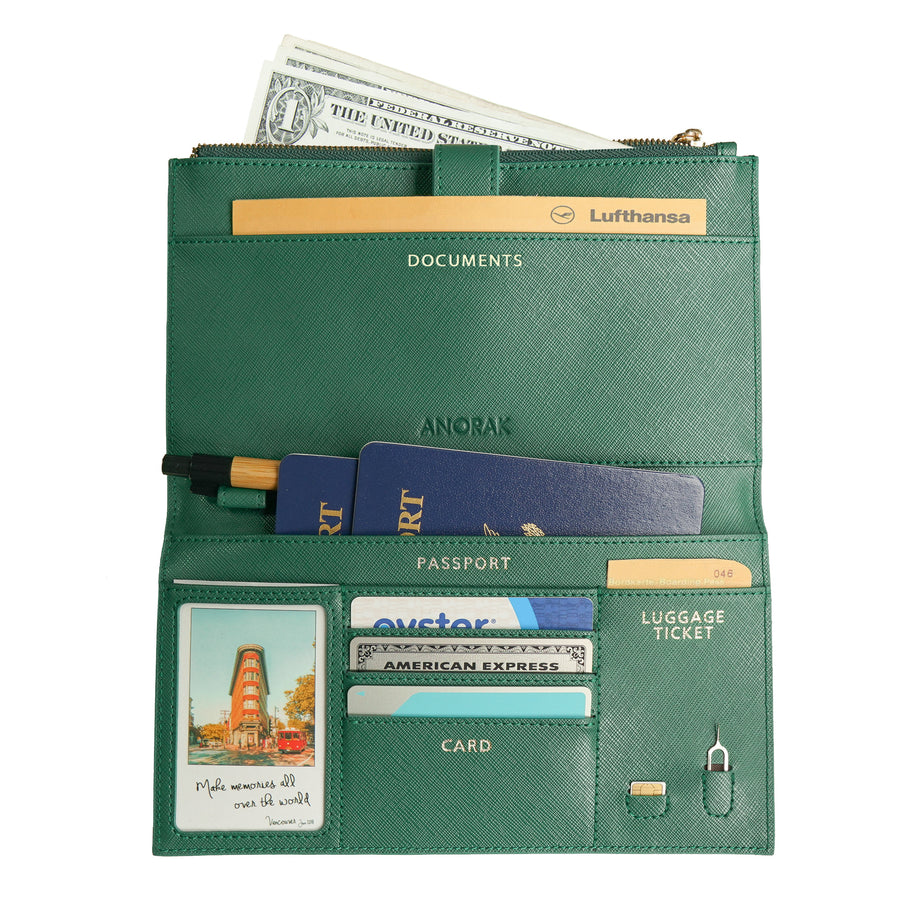 RFID 보호 기능을 갖춘 에메랄드 그린 여행용 지갑